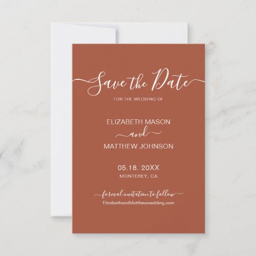 Earthy Terracotta Rust Minimalist Script Wedding  Save The Date