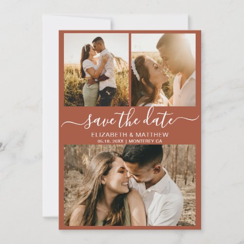 Earthy Terracotta Script Photo Collage Wedding  Save The Date