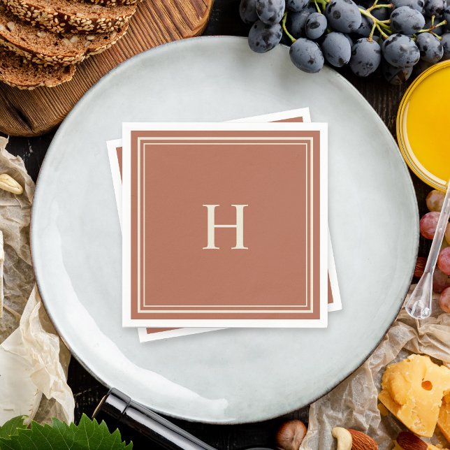 Earthy Terracotta Simple Classic Monogram Napkins (Personalize this cocktail napkin with your monogram initial.)