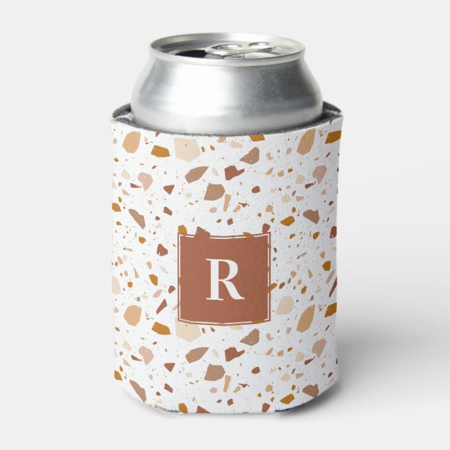 Earthy Terrazzo Artisan Pattern Monogram Can Cooler (Can Front)