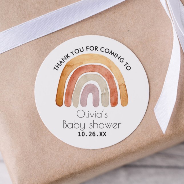 Earthy Tone Boho Rainbow Thank You Baby Shower Classic Round Sticker (Creator Uploaded)