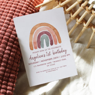Earthy Tone Rainbow 1st Birthday Girl Invitation