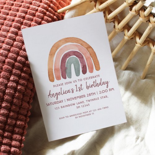 Earthy Tone  Rainbow 1st Birthday Girl   Invitation