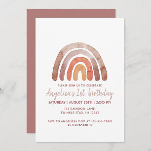 Earthy Tone Watercolor Rainbow 1st Birthday Girl Invitation