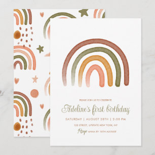 Earthy Tone Watercolor Rainbow Boho Birthday Invitation