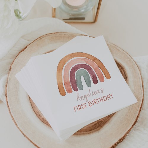 Earthy Tone Watercolor Rainbow First Birthday  Napkins