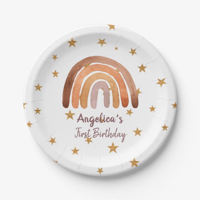 Earthy Tone Watercolor Rainbow First Birthday    Paper Plates (Front)