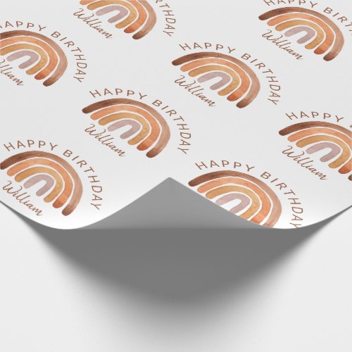 Earthy Tone Watercolor Rainbow Name Birthday   Wrapping Paper