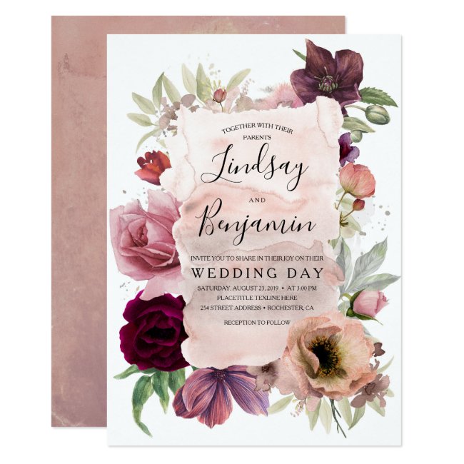 Earthy Tones Burgundy Floral Vintage Wedding Invitation