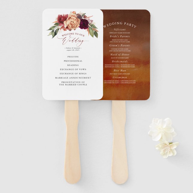 Earthy Tones Fall Wedding Program Hand Fan (Front and Back)