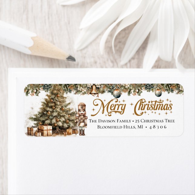 Earthy tones green gold Christmas tree Nutcracker Label (Insitu)