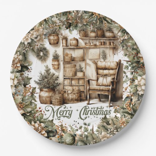 Earthy tones green gold cozy Christmas interior Paper Plates