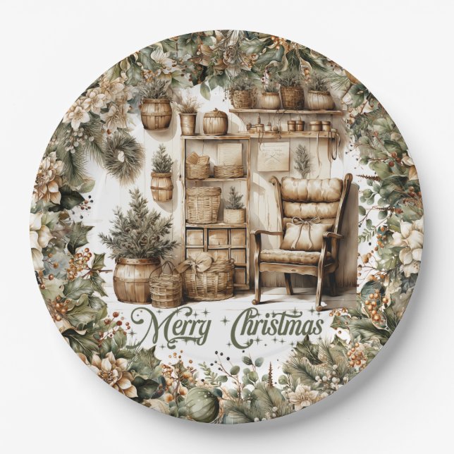 Earthy tones green gold cozy Christmas interior Paper Plates (Front)