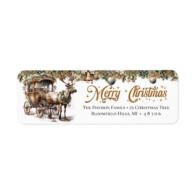 Earthy tones green gold Reindeer and carriage Label (Front)