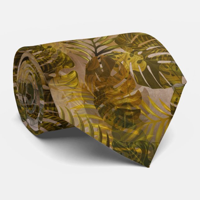 Earthy Tropical Leaves Pattern  Neck Tie (Rolled)