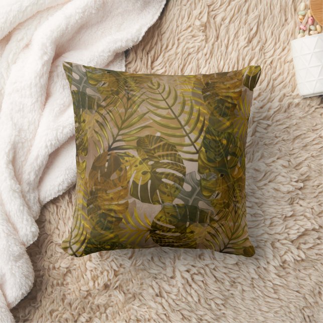 Earthy Tropical Leaves Pattern Throw Pillow (Blanket)