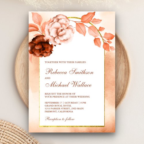 Earthy Watercolor Floral Arch Terracotta Wedding Invitation
