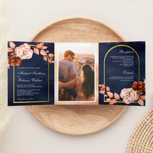 Earthy Watercolor Floral Terracotta Navy Wedding Tri_Fold Invitation