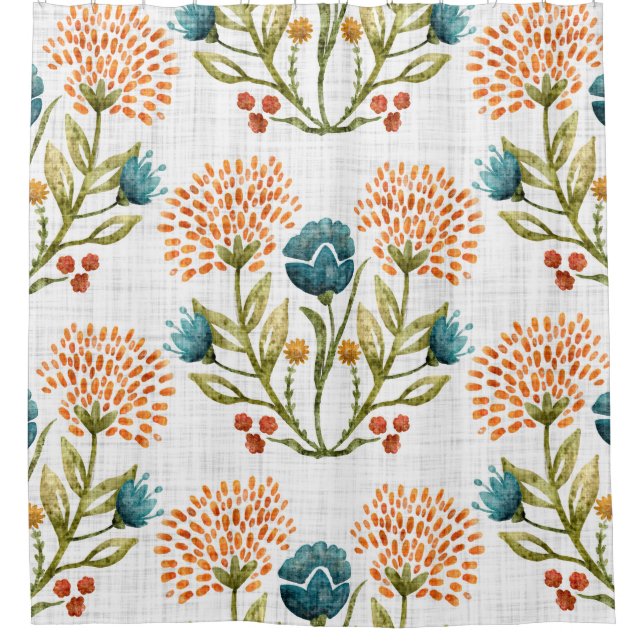 Earthy Whimsical: Watercolor Flower Motif. Shower Curtain (Front)