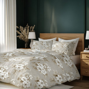 Earthy white floral neutral tones modern duvet cov cover