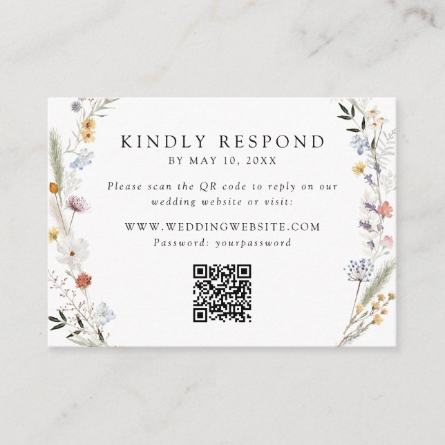 Earthy Wildflower Wedding QR Code RSVP Enclosure Card (Front)