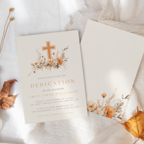 Earthy Wildflowers  Cross Fall Baby Dedication Invitation