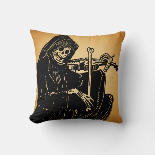 Eary 1900s Skeleton Playing a Violin Woodcut Art Throw Pillow
