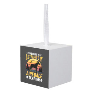 Easily Distracted by Airedale Terrier Retro Dog Cube Ornament