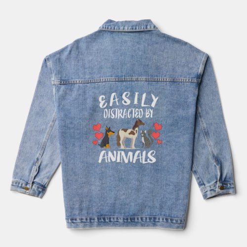 Easily Distracted By Animals Cat Horse Dog  Denim Jacket