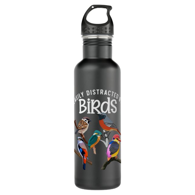 Easily Distracted By Birds Birdwatching Birding Stainless Steel Water Bottle (Front)