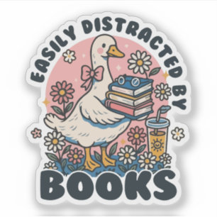 Easily Distracted By Book Vintage Goose with Books Sticker