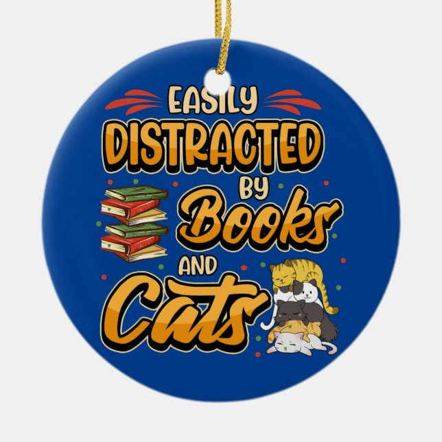 Easily distracted by books and cats Bookworm Book Ceramic Ornament (Front)