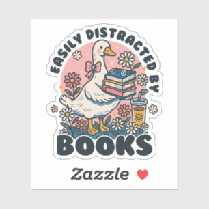 Easily Distracted by Books Cute Goose Bookworm Sticker