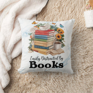 Easily Distracted By Books Watercolor  Throw Pillow