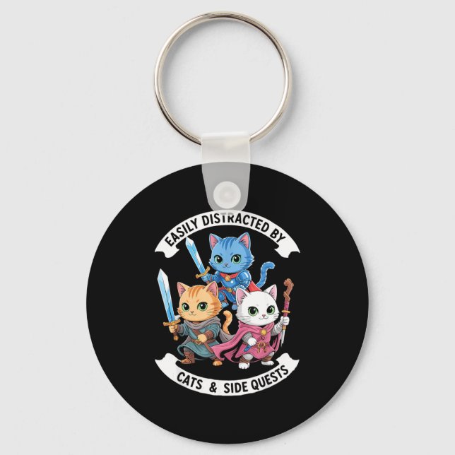 Easily Distracted By Cats &amp; Side Quests Funny  Keychain (Front)