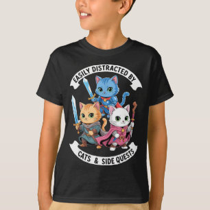 Easily Distracted By Cats & Side Quests Funny T-Shirt