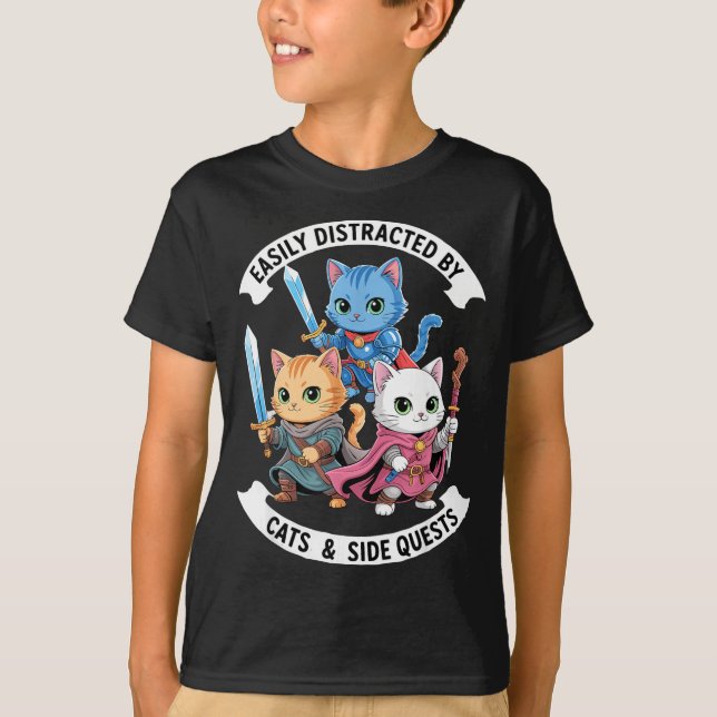 Easily Distracted By Cats &amp; Side Quests Funny  T-Shirt (Front)