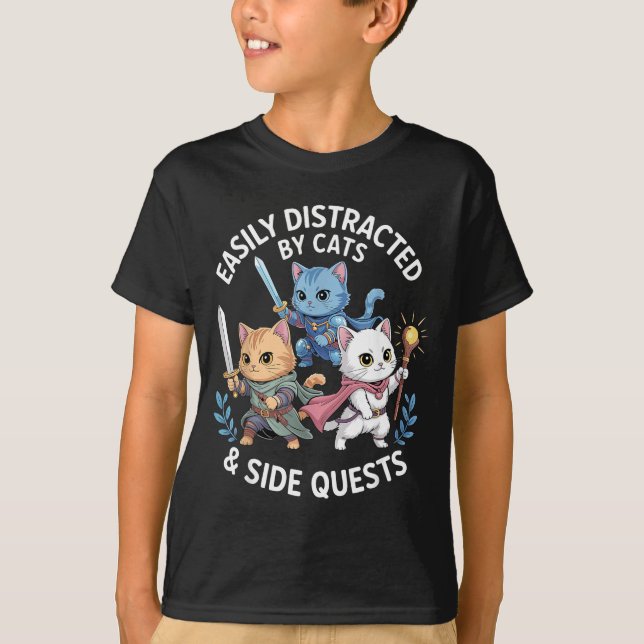 Easily Distracted By Cats &amp; Side Quests Funny  T-Shirt (Front)