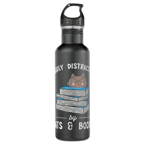 Easily Distracted by Cats and Books Bibliophile Stainless Steel Water Bottle