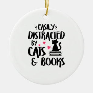 Easily Distracted by Cats and Books - Cat & Book L Ceramic Ornament