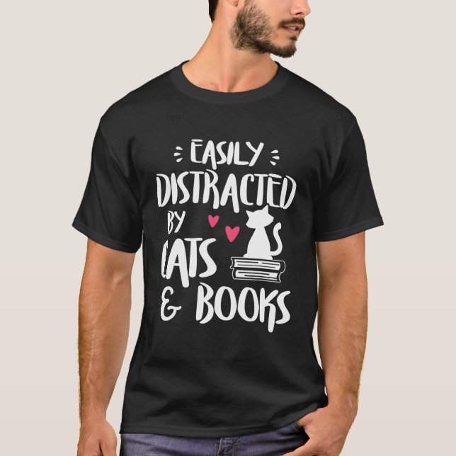 Easily Distracted By Cats And Books Cat Book Short T-Shirt (Front)