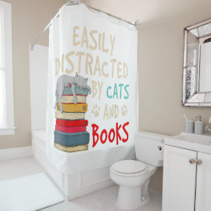Easily Distracted by Cats and Books - Cat _ Book Shower Curtain