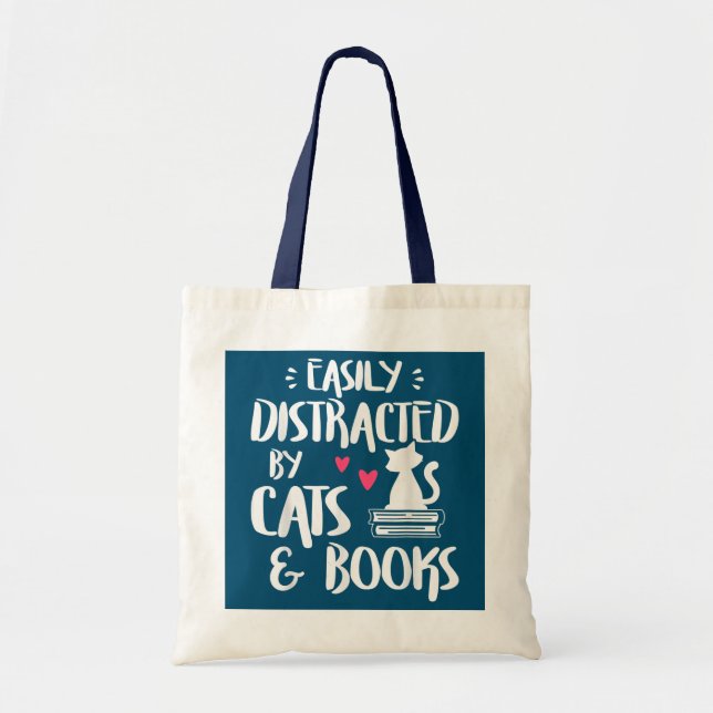 Easily Distracted by Cats and Books Cat Book Tote Bag (Front)