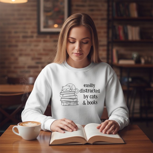 Easily Distracted by Cats and Books Coquette Art Sweatshirt (Creator Uploaded)