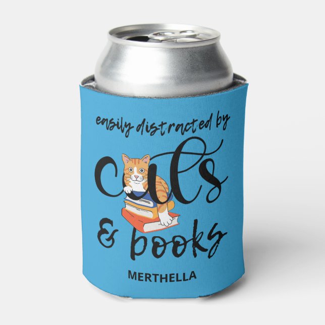 EASILY DISTRACTED BY CATS AND BOOKS Cute Can Cooler (Can Front)