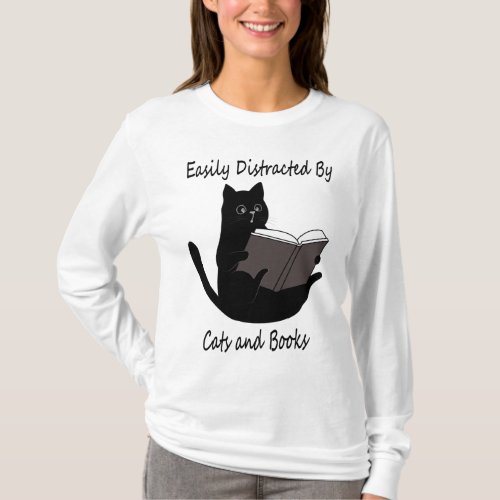 Easily Distracted By Cats And Books Cute Cat Gift T_Shirt