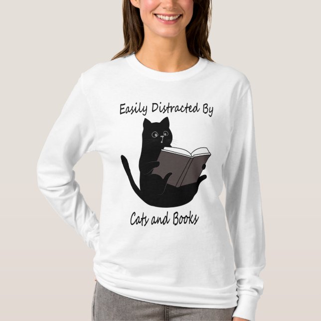 Easily Distracted By Cats And Books, Cute Cat Gift T-Shirt (Front)