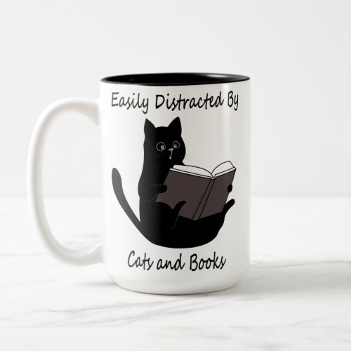 Easily Distracted By Cats And Books Cute Cat Gift Two_Tone Coffee Mug