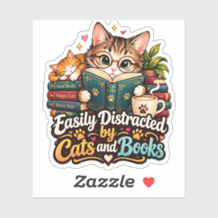 Easily Distracted by Cats and Books Cute Cat Lover Sticker