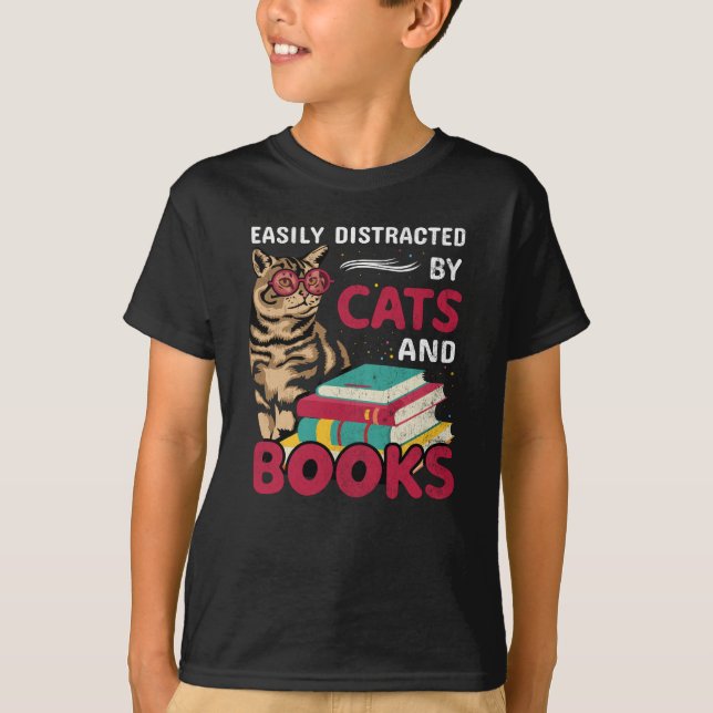 Easily Distracted By Cats And Books Cute T-Shirt (Front)